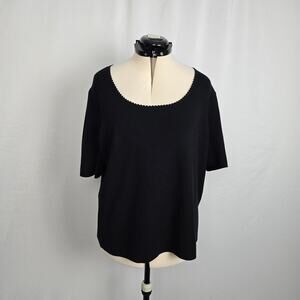 Talbots Blouse Women's 3X Black Short Sleeve Pom-poms Scoop Neck EUC